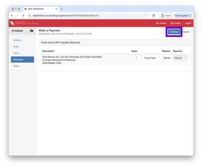 Review the balance and click Continue